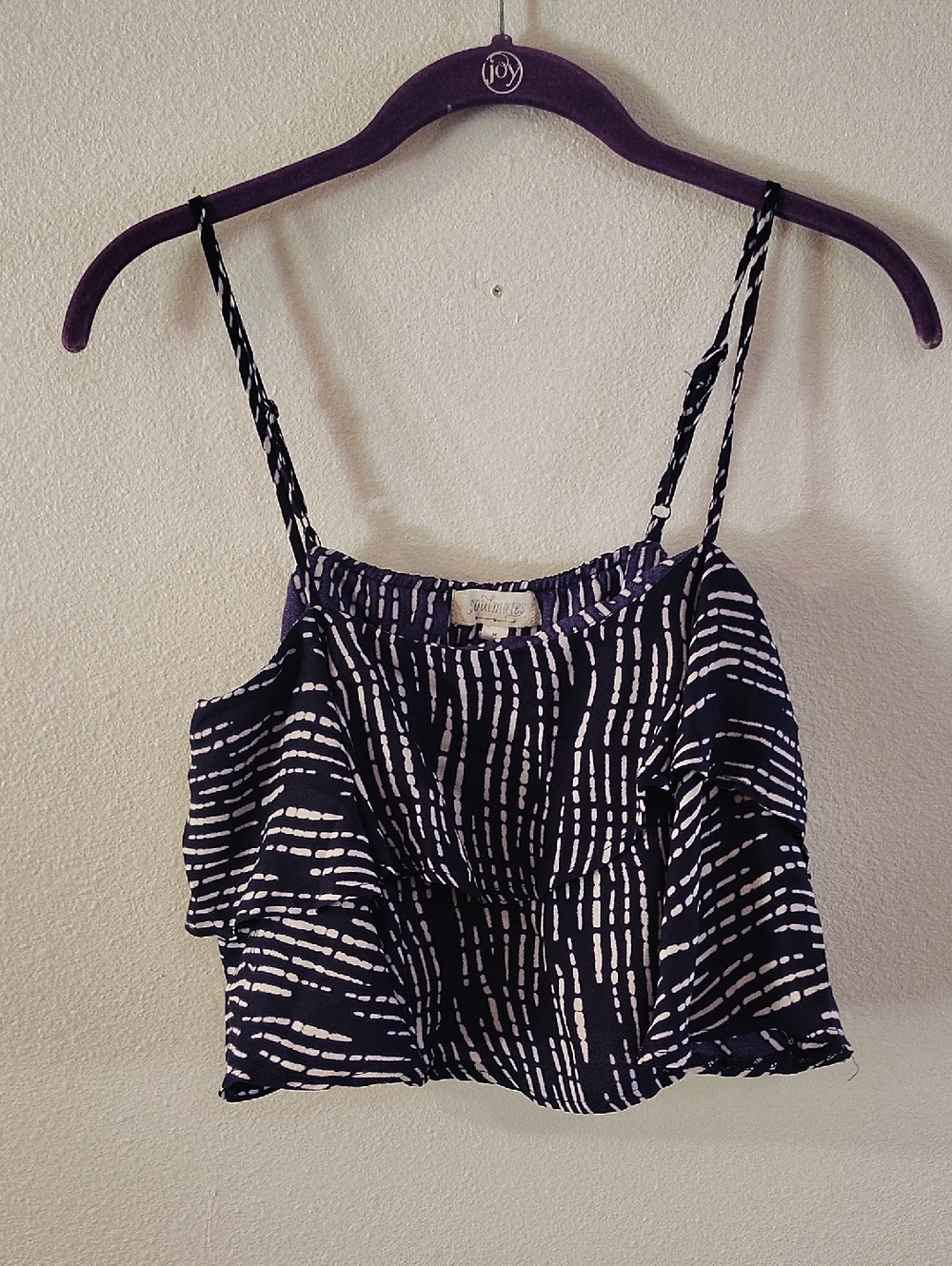 Soulmates Navy Blue White Abstract Print Ruffle Crop Cami Top Medium